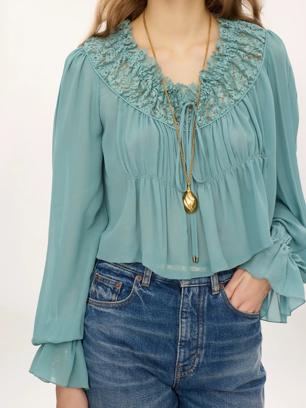 Scoop-neck cropped top in silk georgette & lace