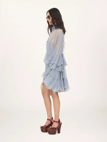 Ruffled mini dress in silk mousseline
