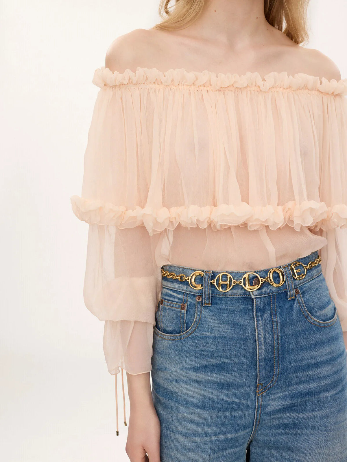 Off-the-shoulder puff-sleeve top in silk mousseline