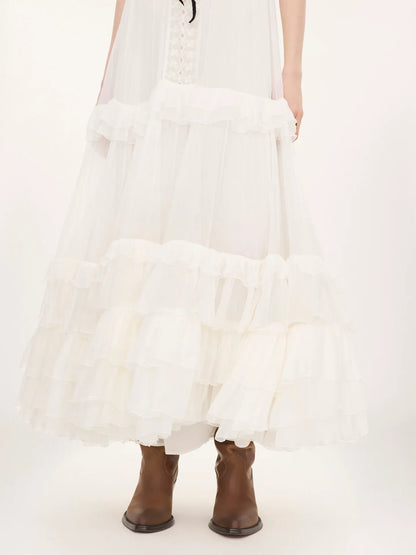 Tie-front ruffled long dress in silk mousseline & lace