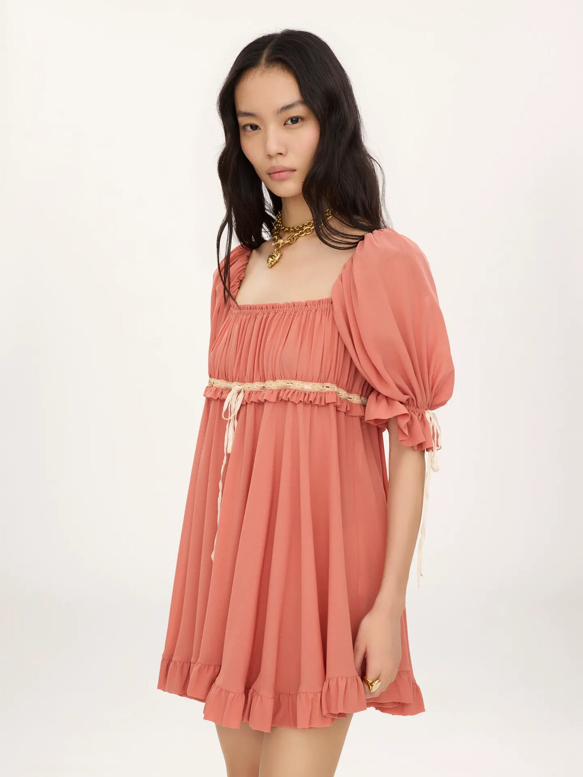 Puff-sleeve mini dress in silk georgette