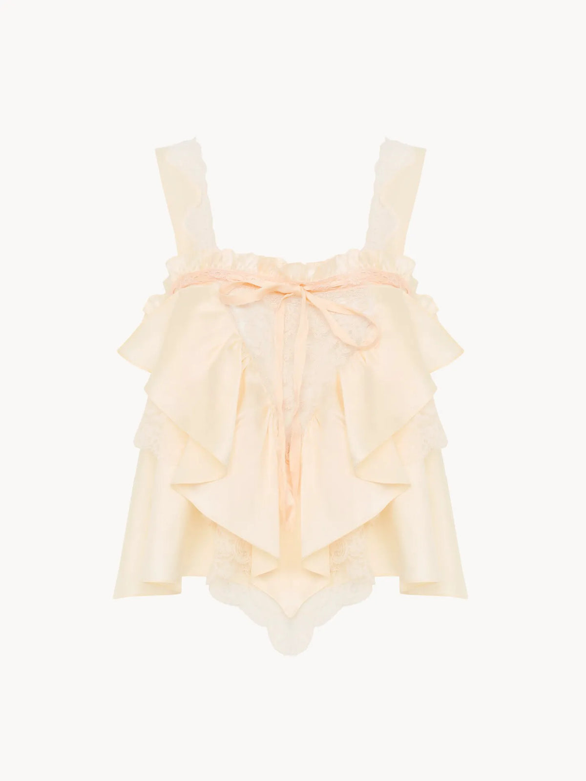 Sleeveless ruffle top in washed silk satin & lace