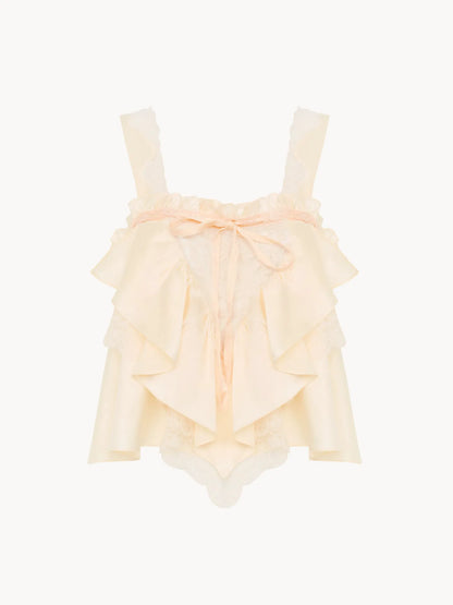 Sleeveless ruffle top in washed silk satin & lace