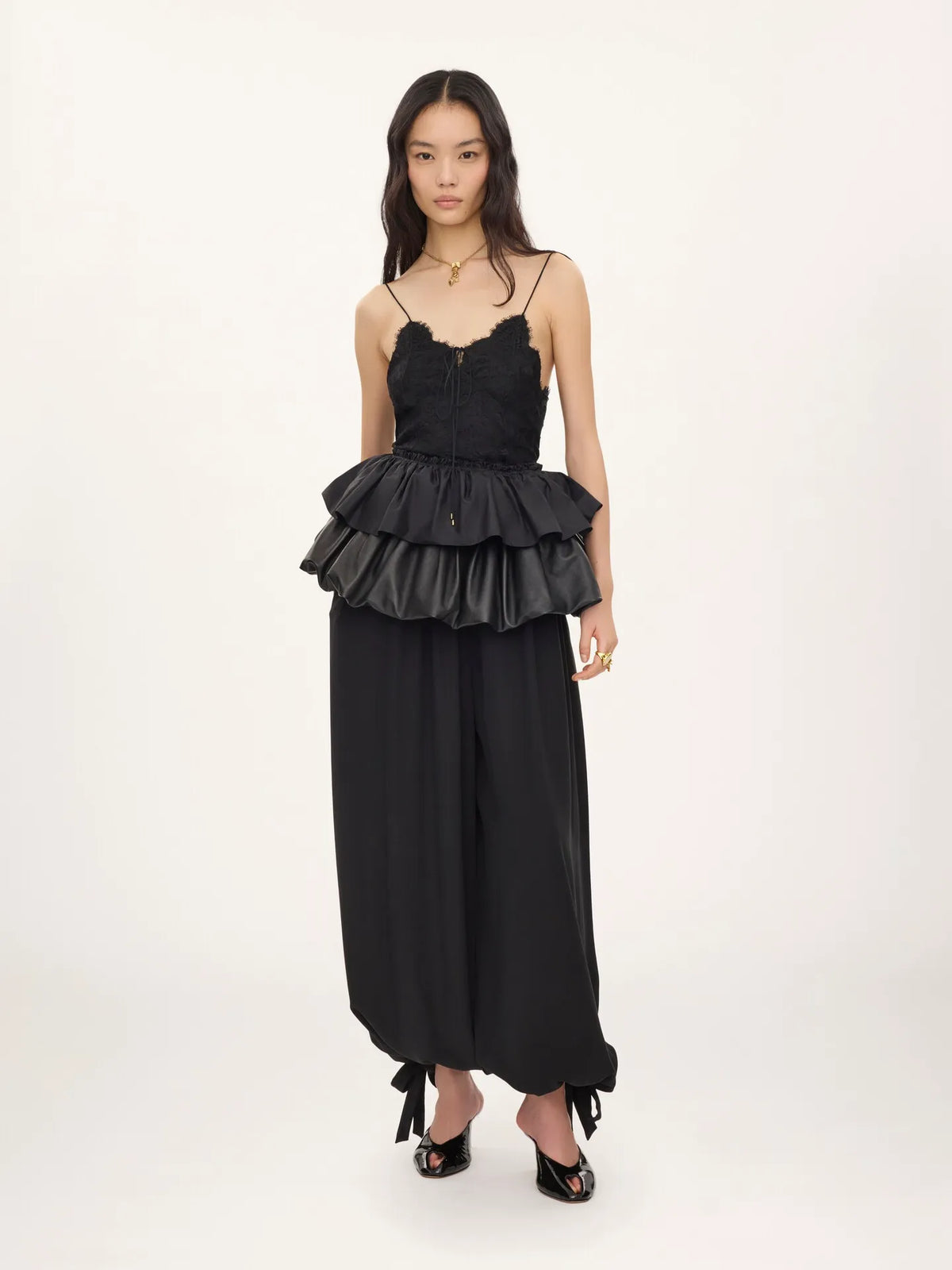 Thin-strap ruffle top in technical taffeta & lace