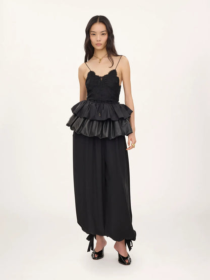 Thin-strap ruffle top in technical taffeta & lace