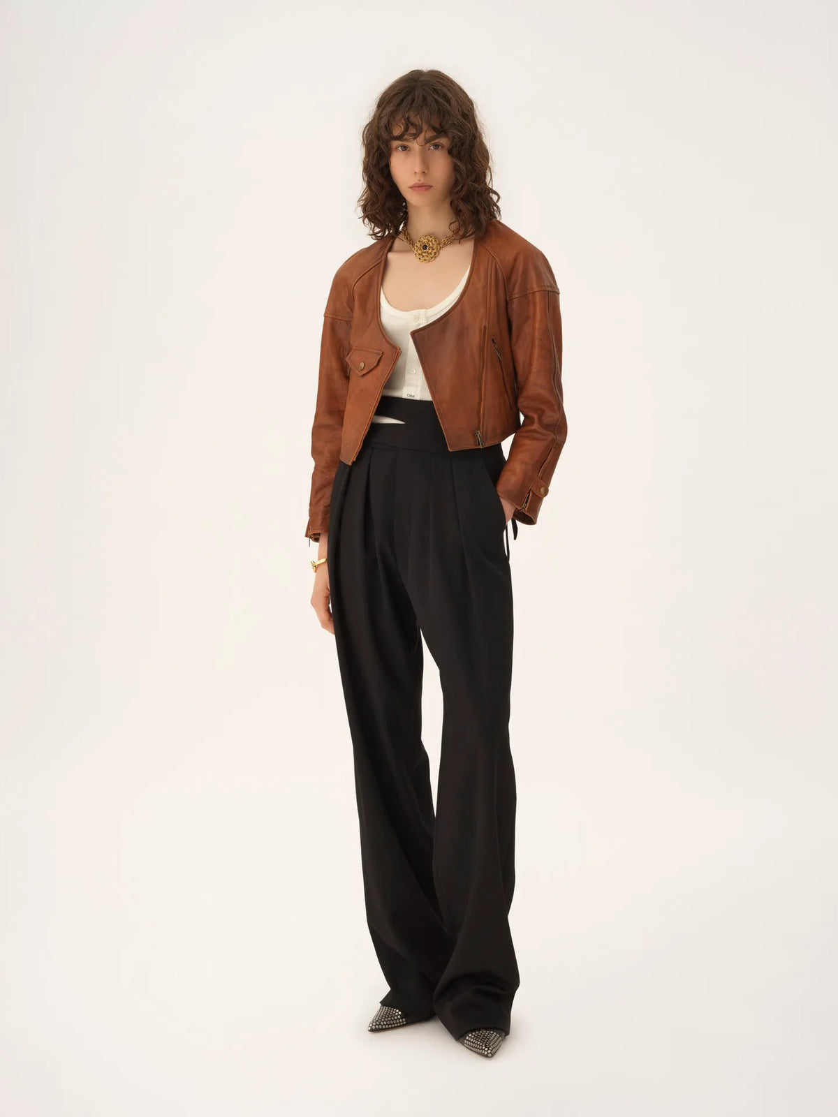 Cropped scoop-neck jacket in leather