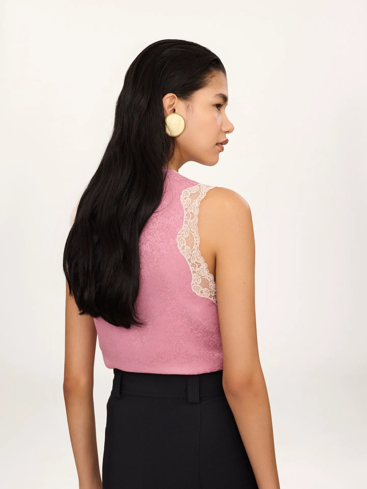 Sleeveless peplum top in silk jacquard & lace