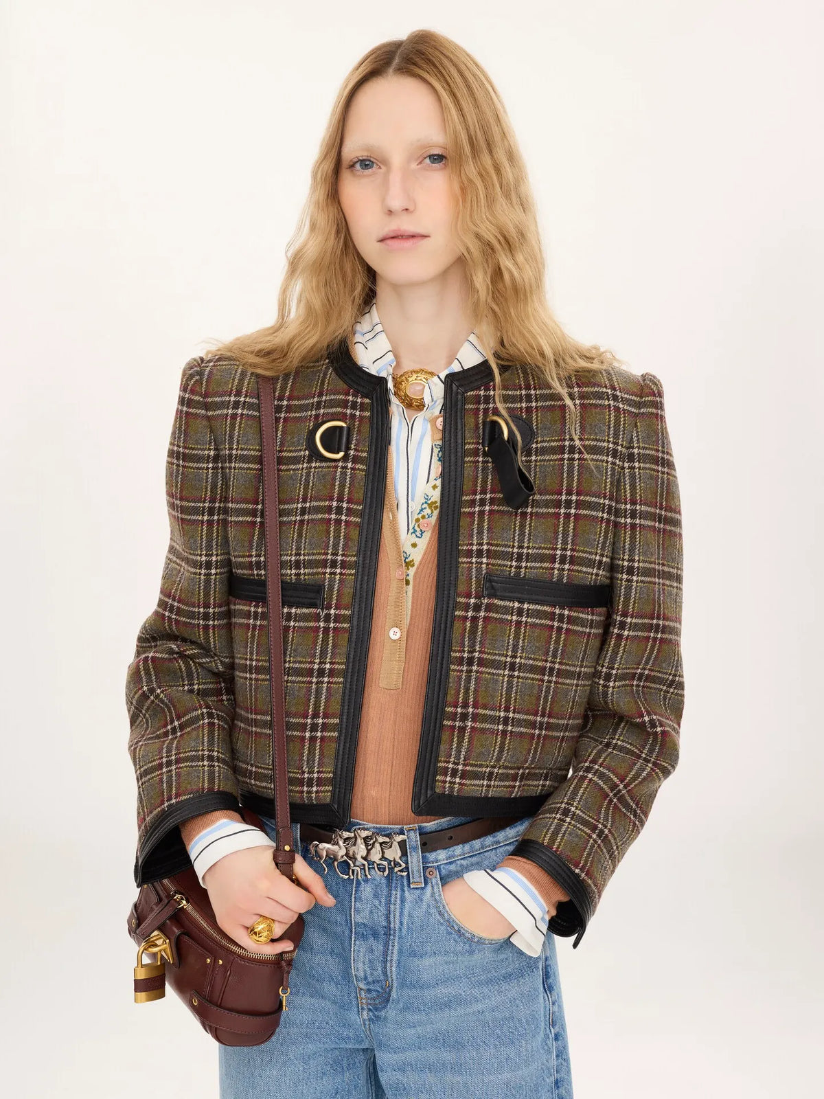 Collarless cropped boxy jacket in check wool