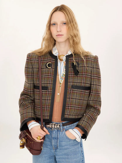 Collarless cropped boxy jacket in check wool