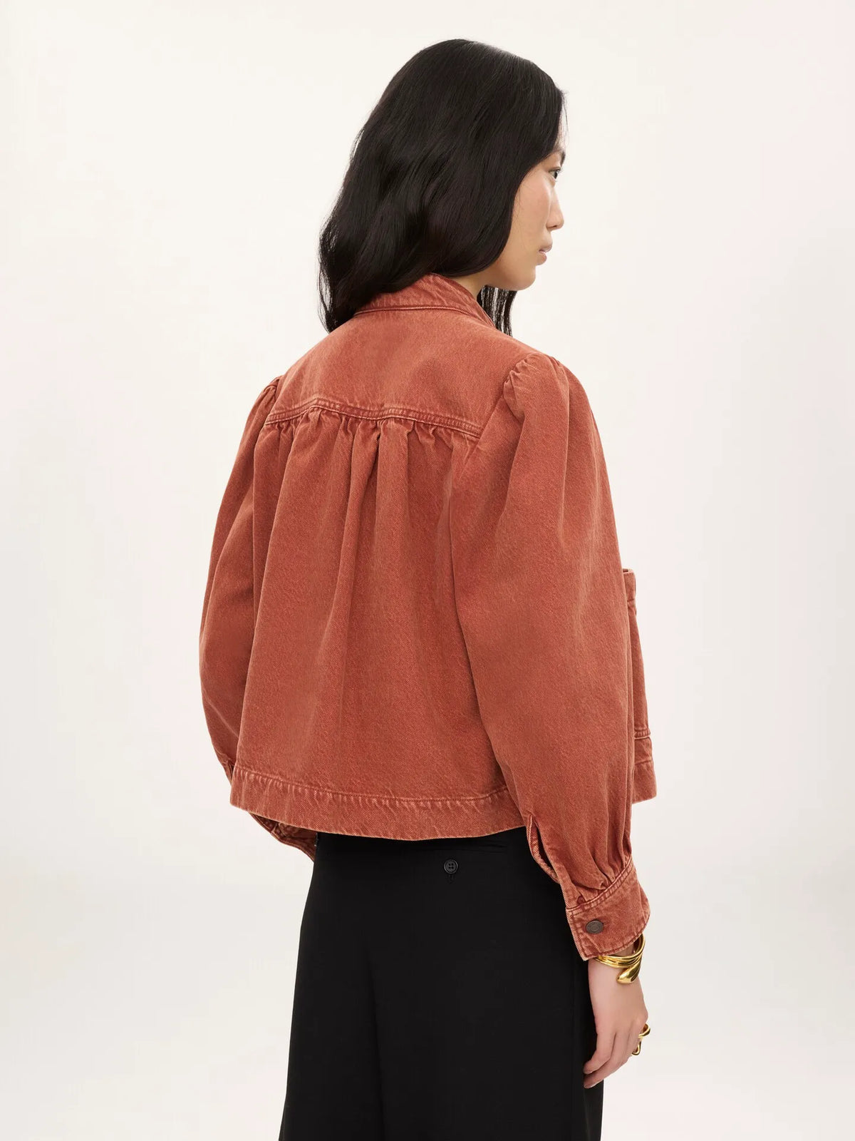 High-neck gathered jacket in denim