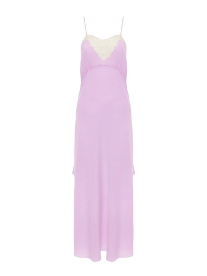 Thin-strap midi dress in crêpe de chine & lace