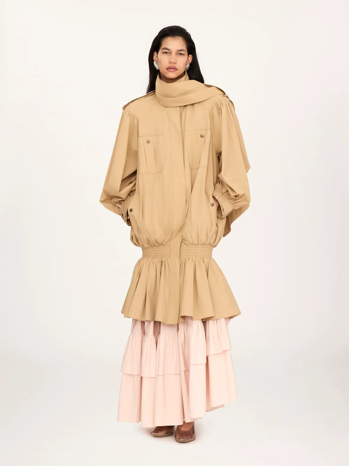 High-neck gathered trench coat in cotton poplin