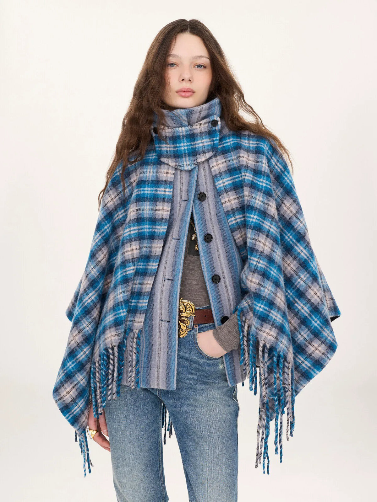 High-neck short cape coat in check wool & alpaca