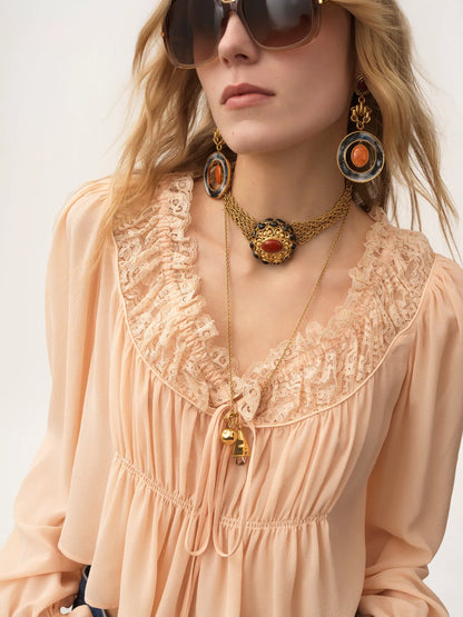 Scoop-neck cropped top in silk georgette & lace
