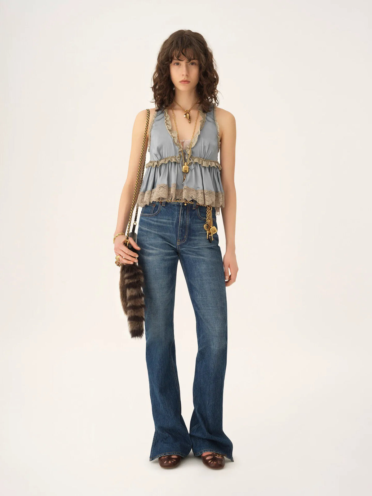 Tie-front sleeveless top in washed silk satin & lace