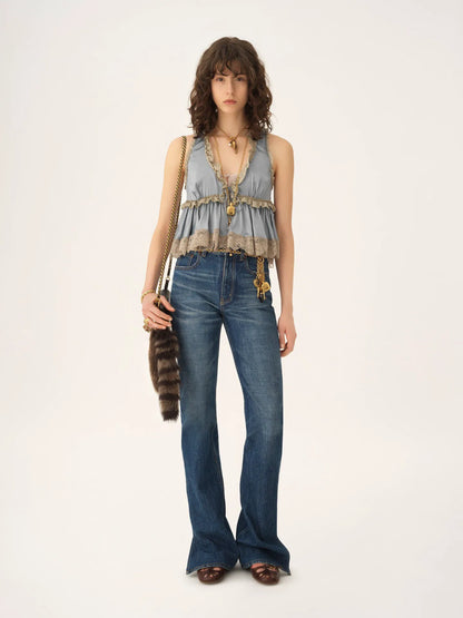 Tie-front sleeveless top in washed silk satin & lace