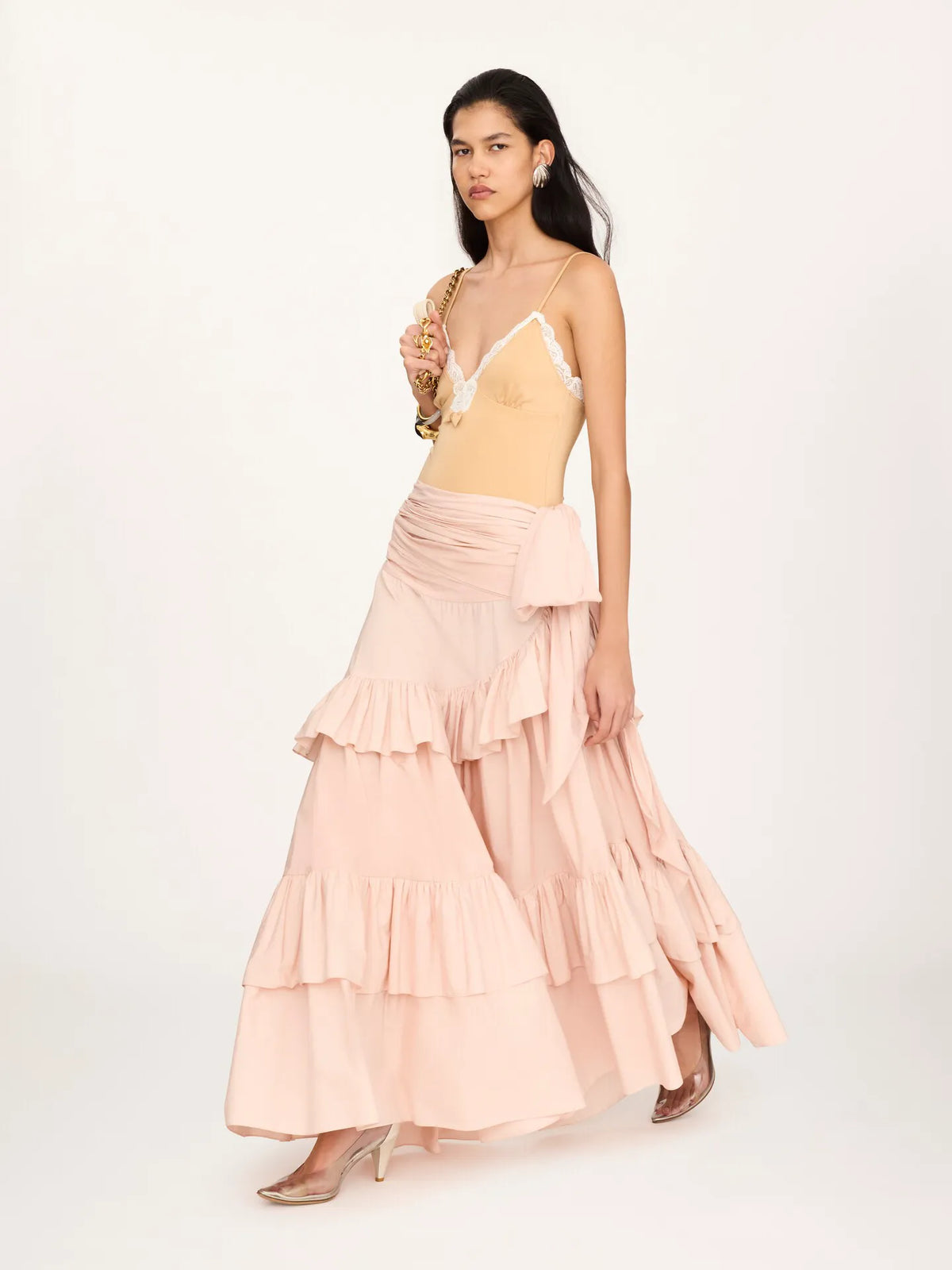 Ruffled long skirt in cotton poplin