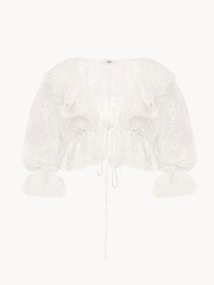 Cropped V-neck ruffle top in lace
