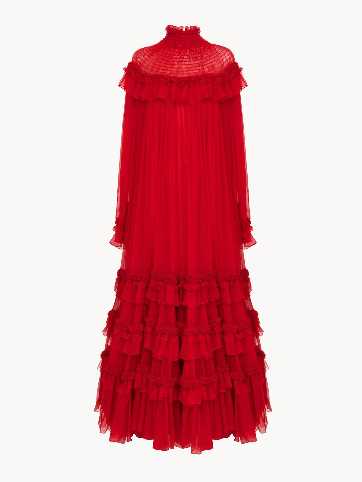 High-neck ruffled long dress in silk mousseline