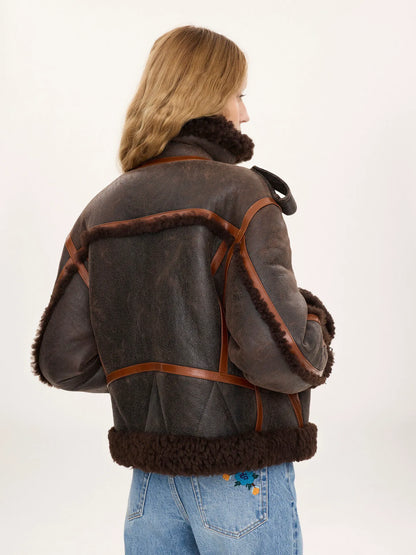 High-neck jacket in shearling