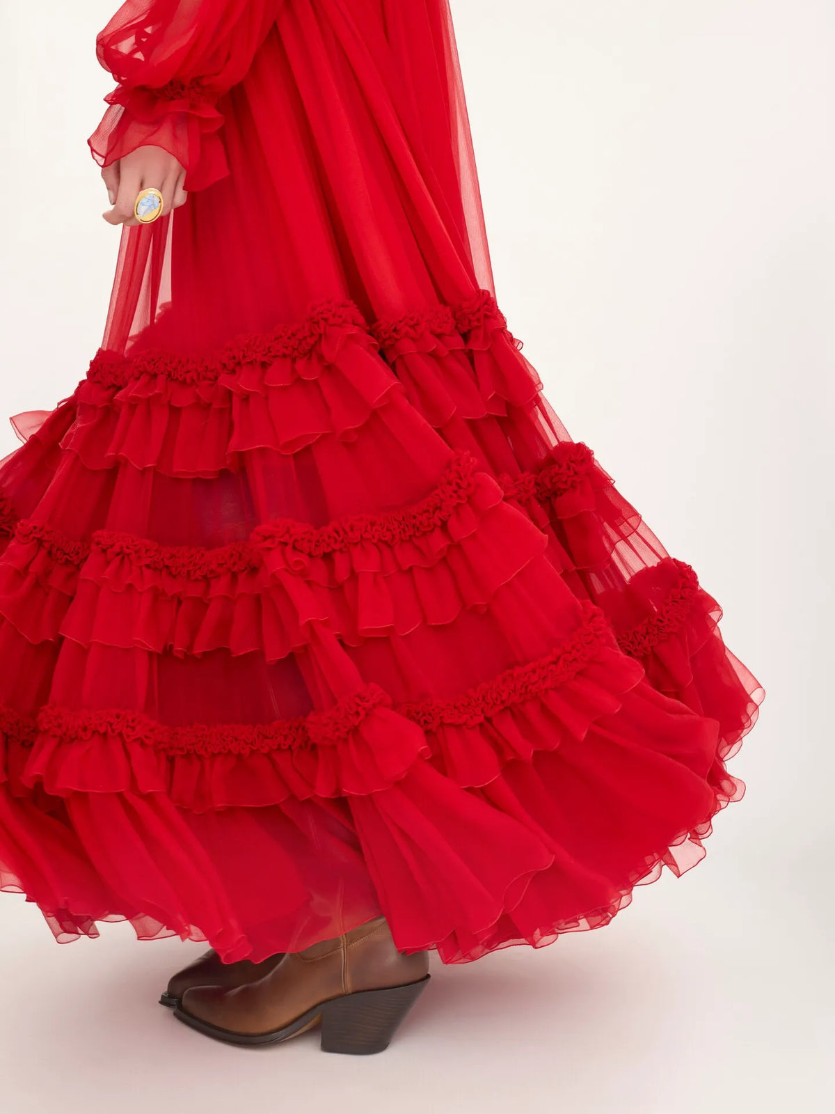High-neck ruffled long dress in silk mousseline