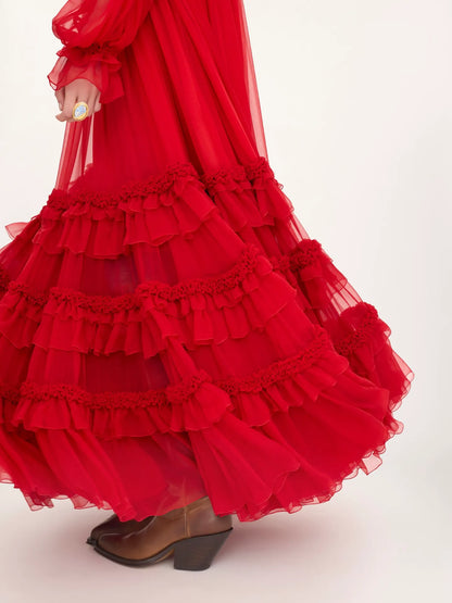High-neck ruffled long dress in silk mousseline