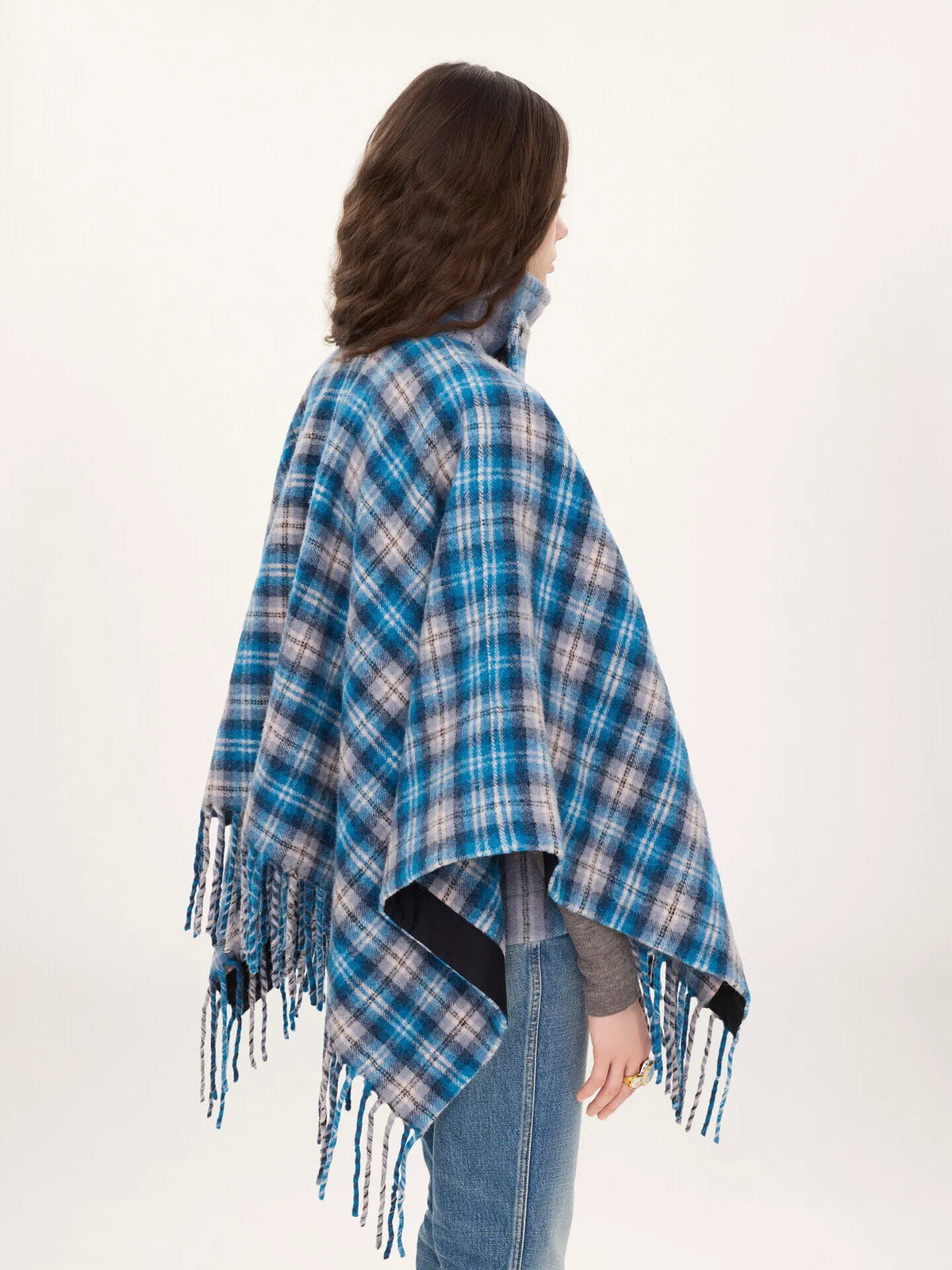 High-neck short cape coat in check wool & alpaca
