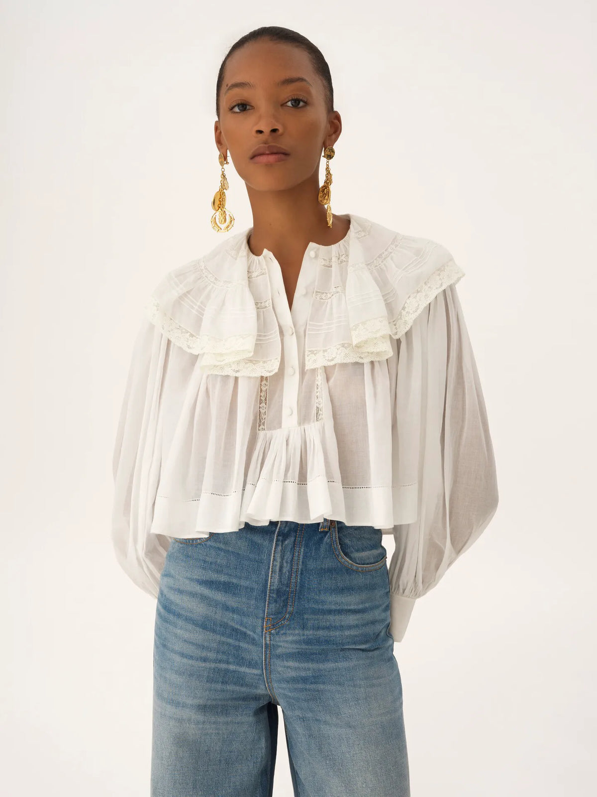 Cropped ruffle top in cotton voile & lace