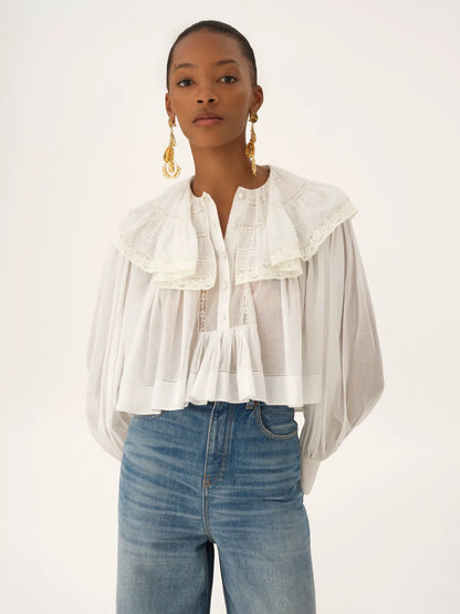 Cropped ruffle top in cotton voile & lace