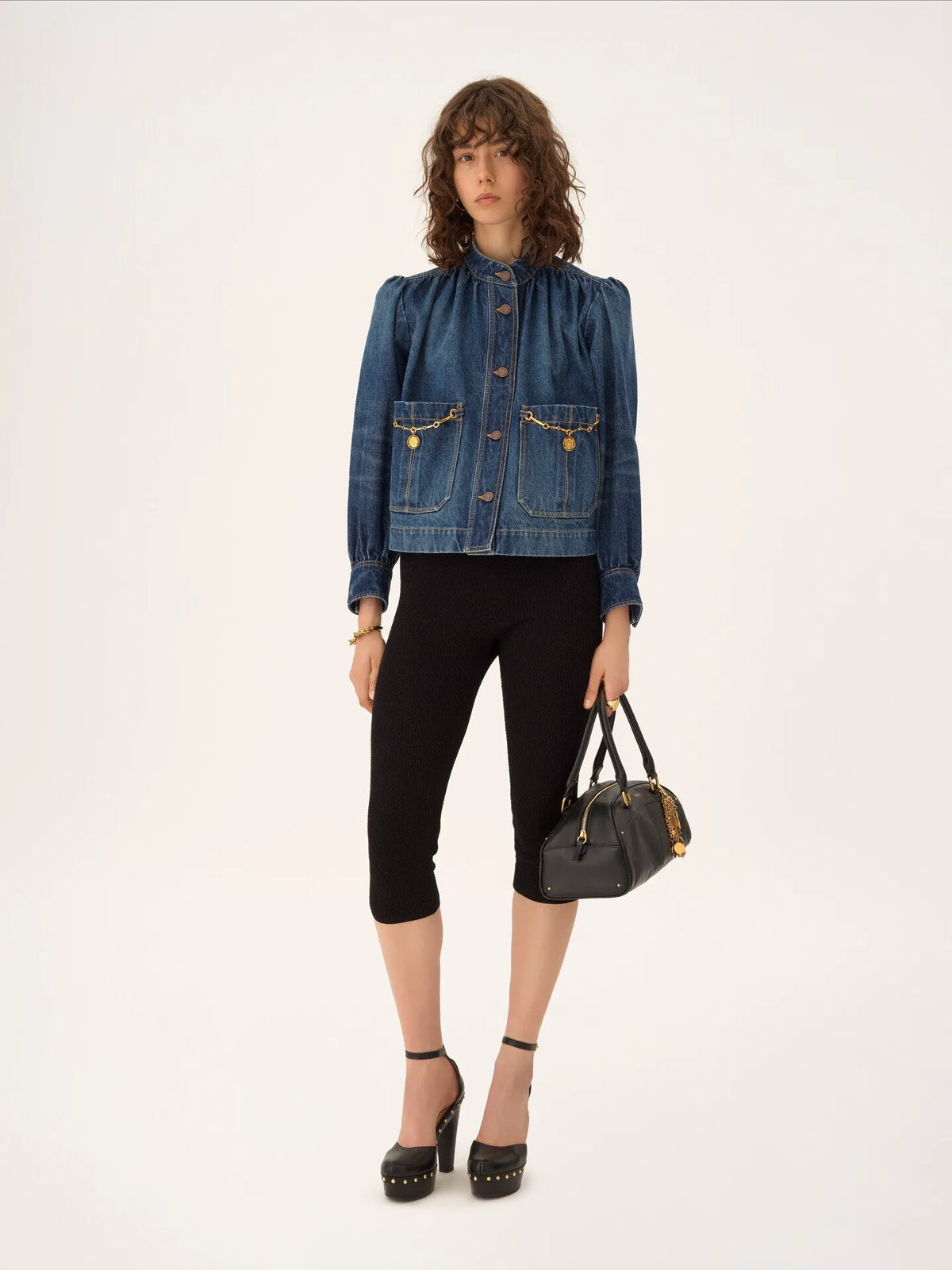 High-neck gathered jacket in denim