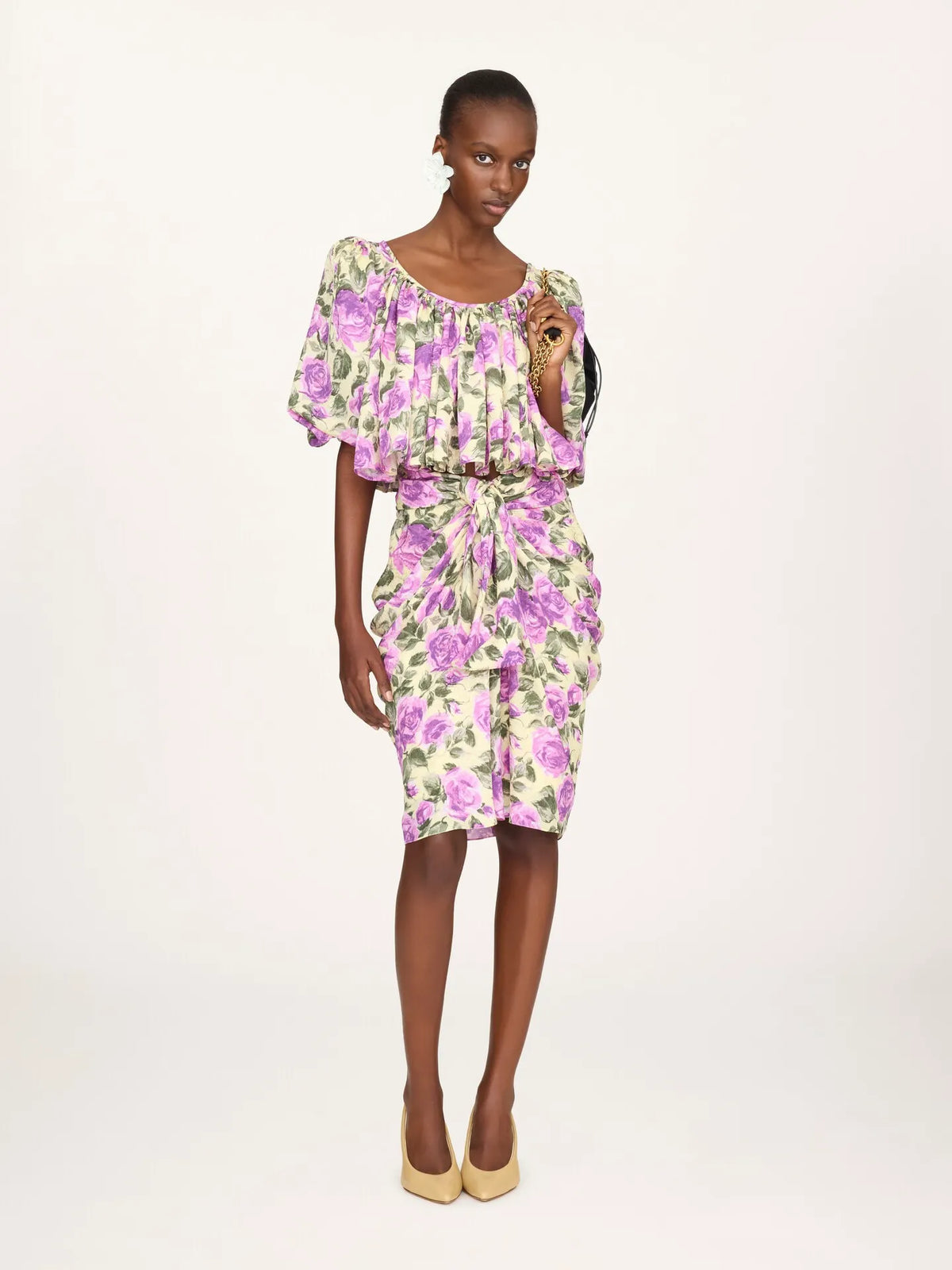 Puff-sleeve cropped top in silk jacquard