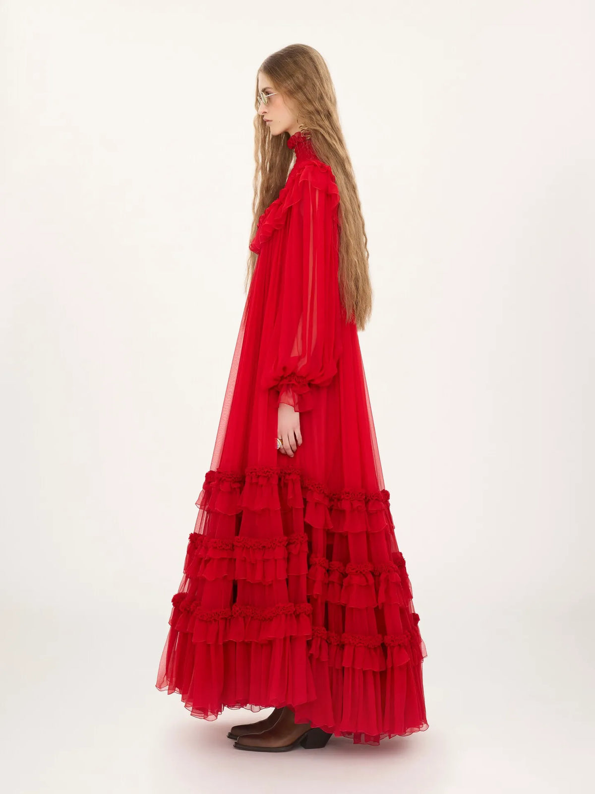 High-neck ruffled long dress in silk mousseline
