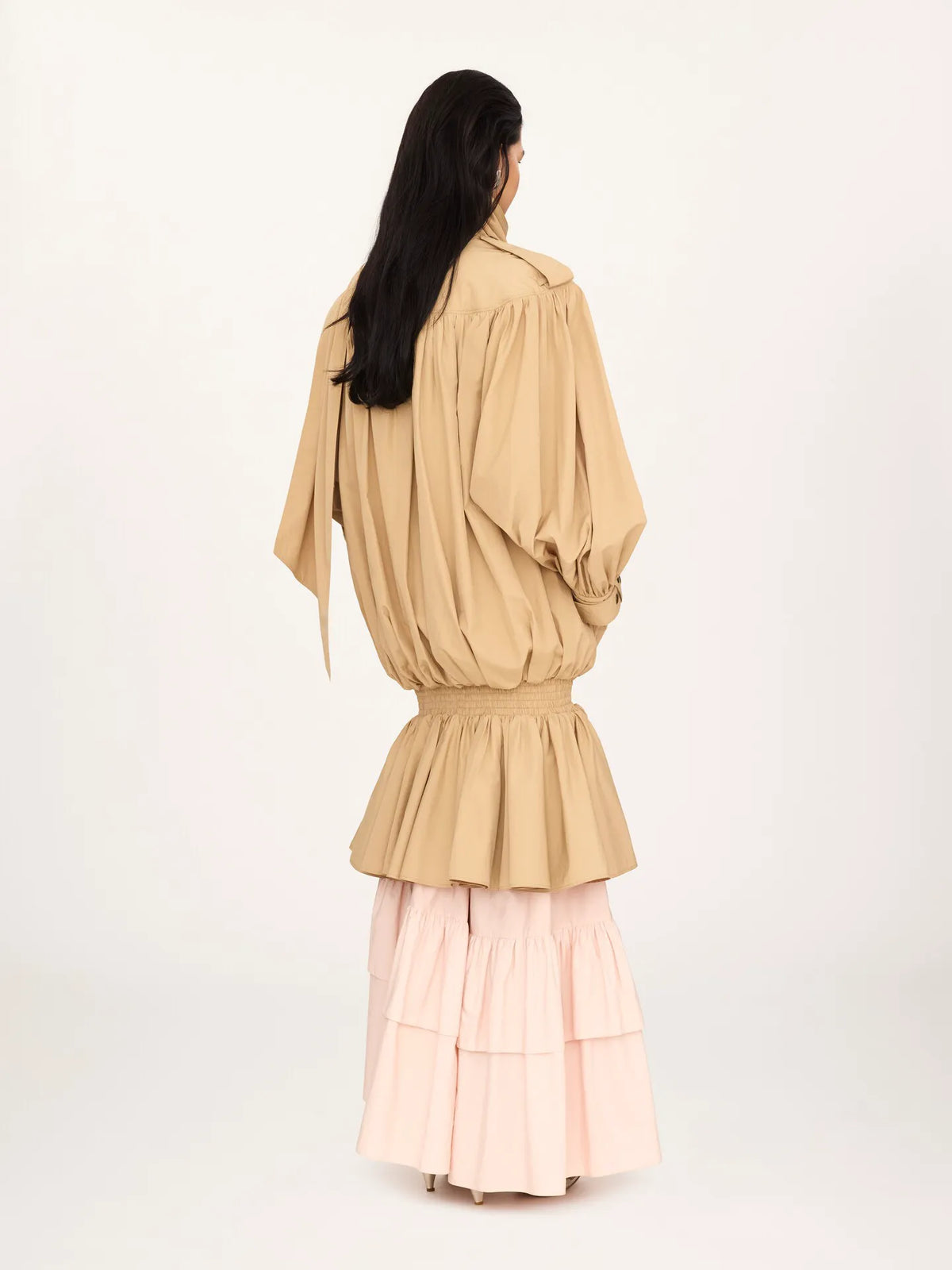 High-neck gathered trench coat in cotton poplin