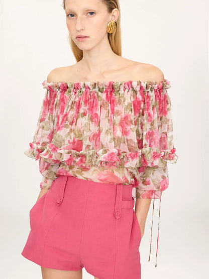 Off-the-shoulder puff-sleeve top in silk mousseline