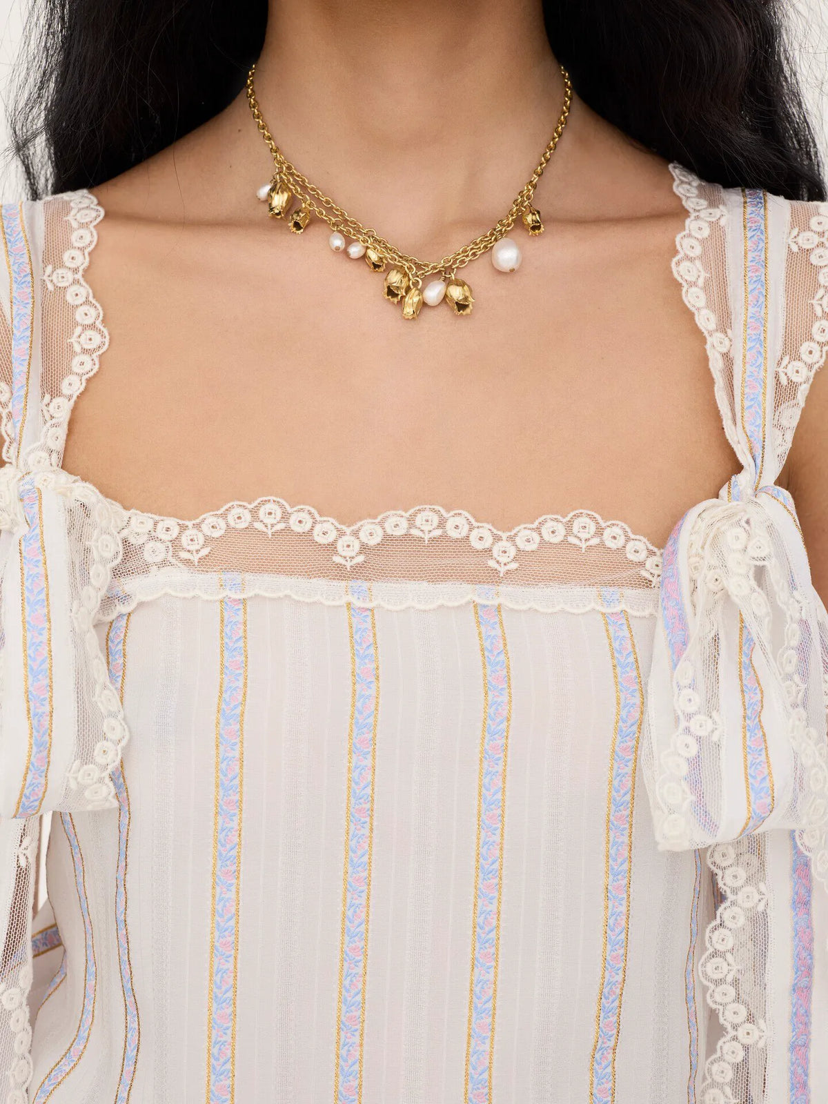 Cropped top in silk lurex jacquard & lace