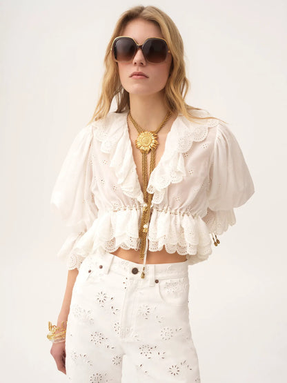 V-neck ruffle top in cotton voile