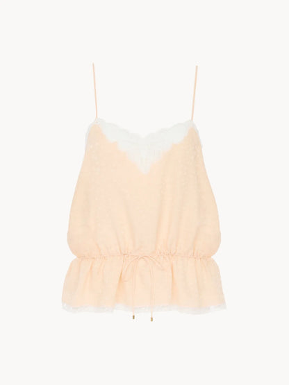 Drawstring camisole top in silk jacquard & lace