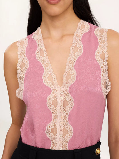 Sleeveless peplum top in silk jacquard & lace