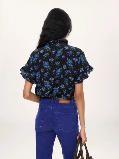Short-sleeve ruffled top in crêpe de chine