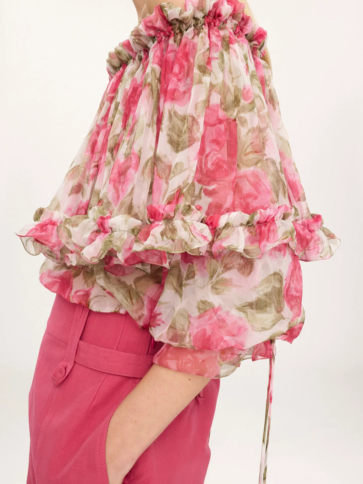 Off-the-shoulder puff-sleeve top in silk mousseline