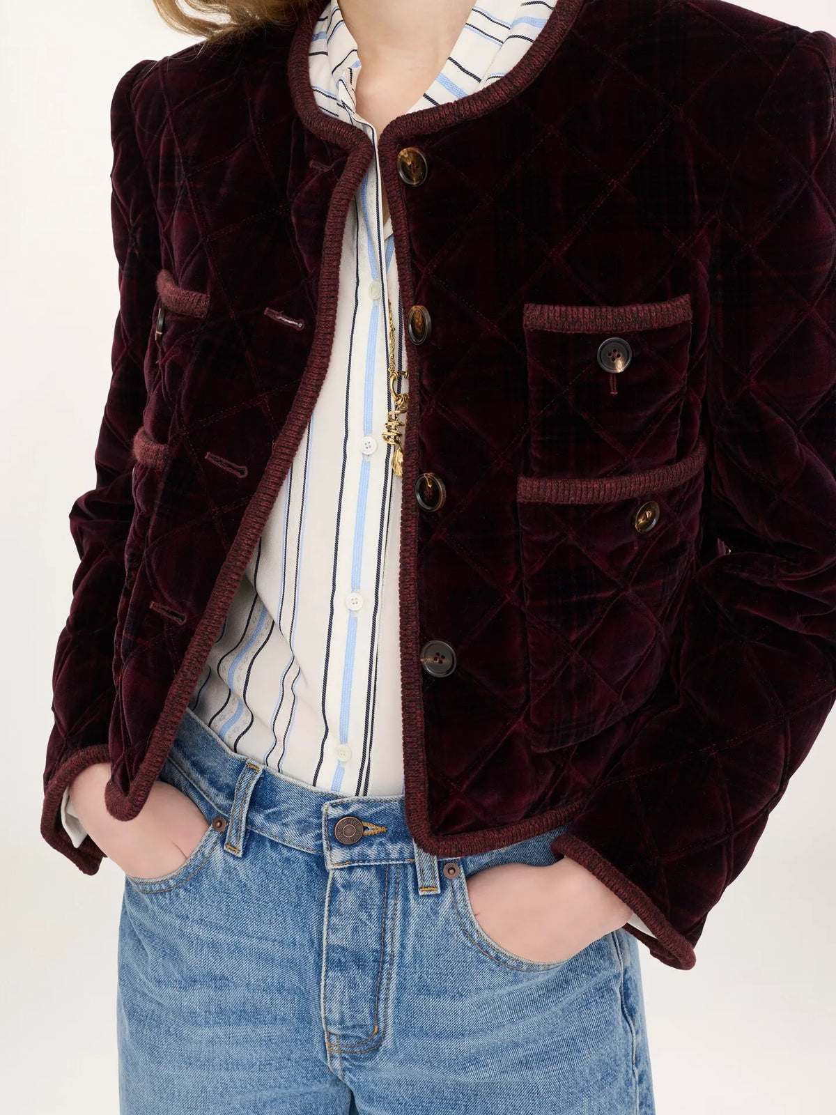 Boxy collarless jacket in check cotton