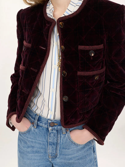 Boxy collarless jacket in check cotton