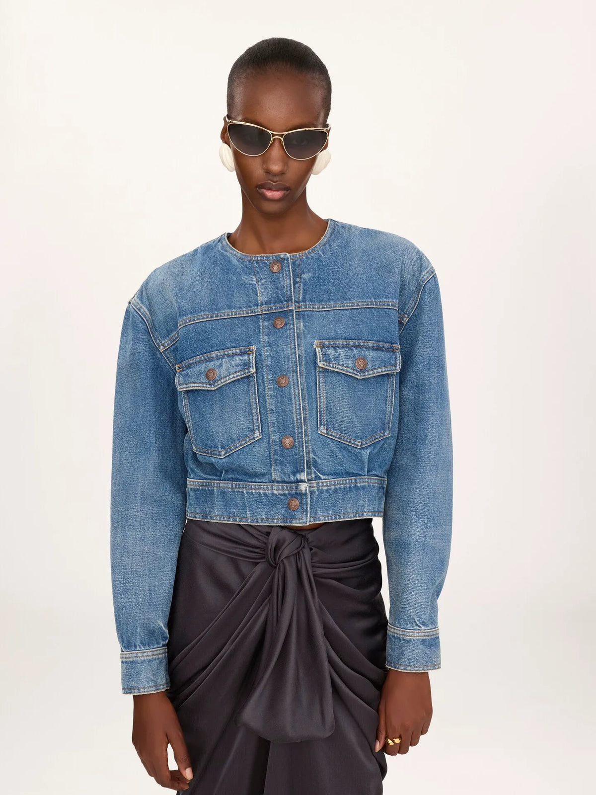 Collarless cropped jacket in denim