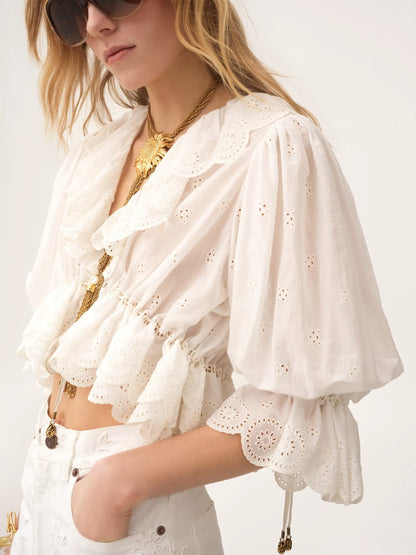 V-neck ruffle top in cotton voile