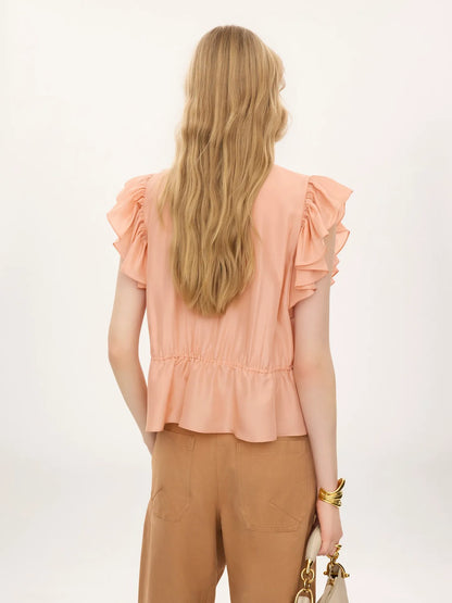 Short-sleeve ruffle top in washed silk habotai & lace