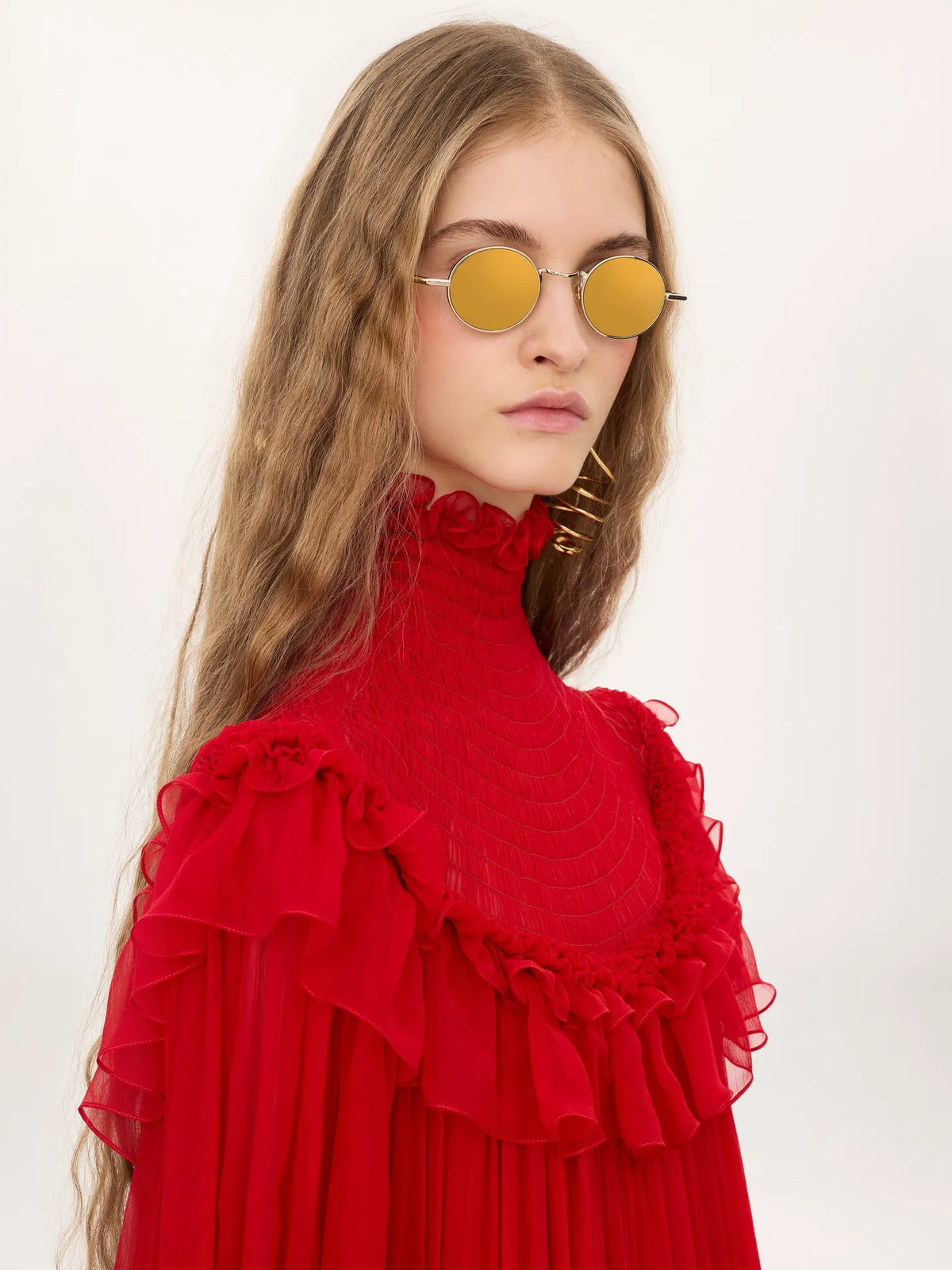 High-neck ruffled long dress in silk mousseline
