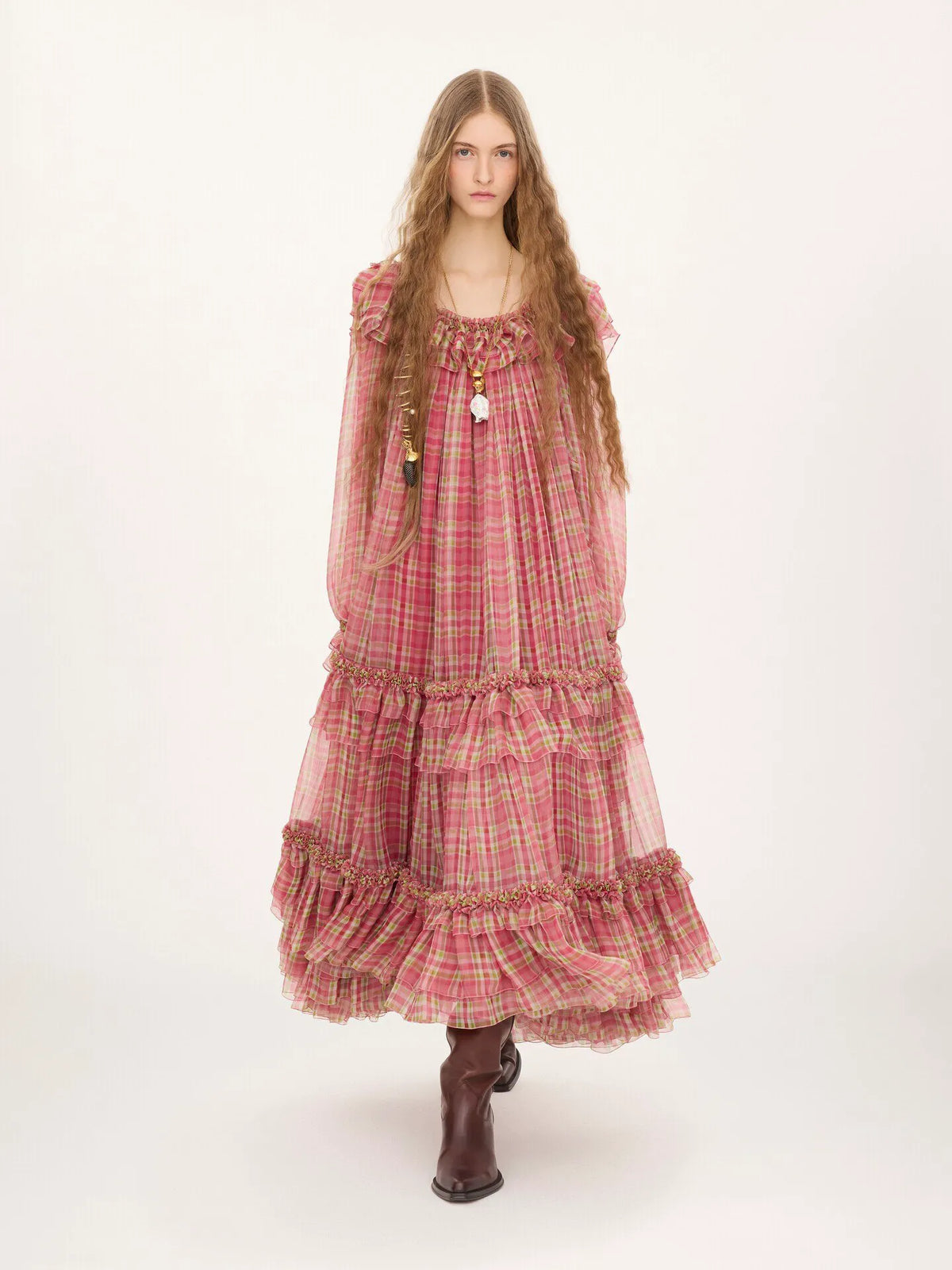 Square-neck midi dress in check silk mousseline