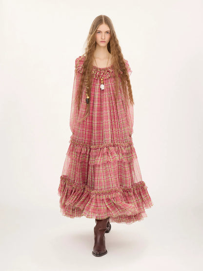 Square-neck midi dress in check silk mousseline