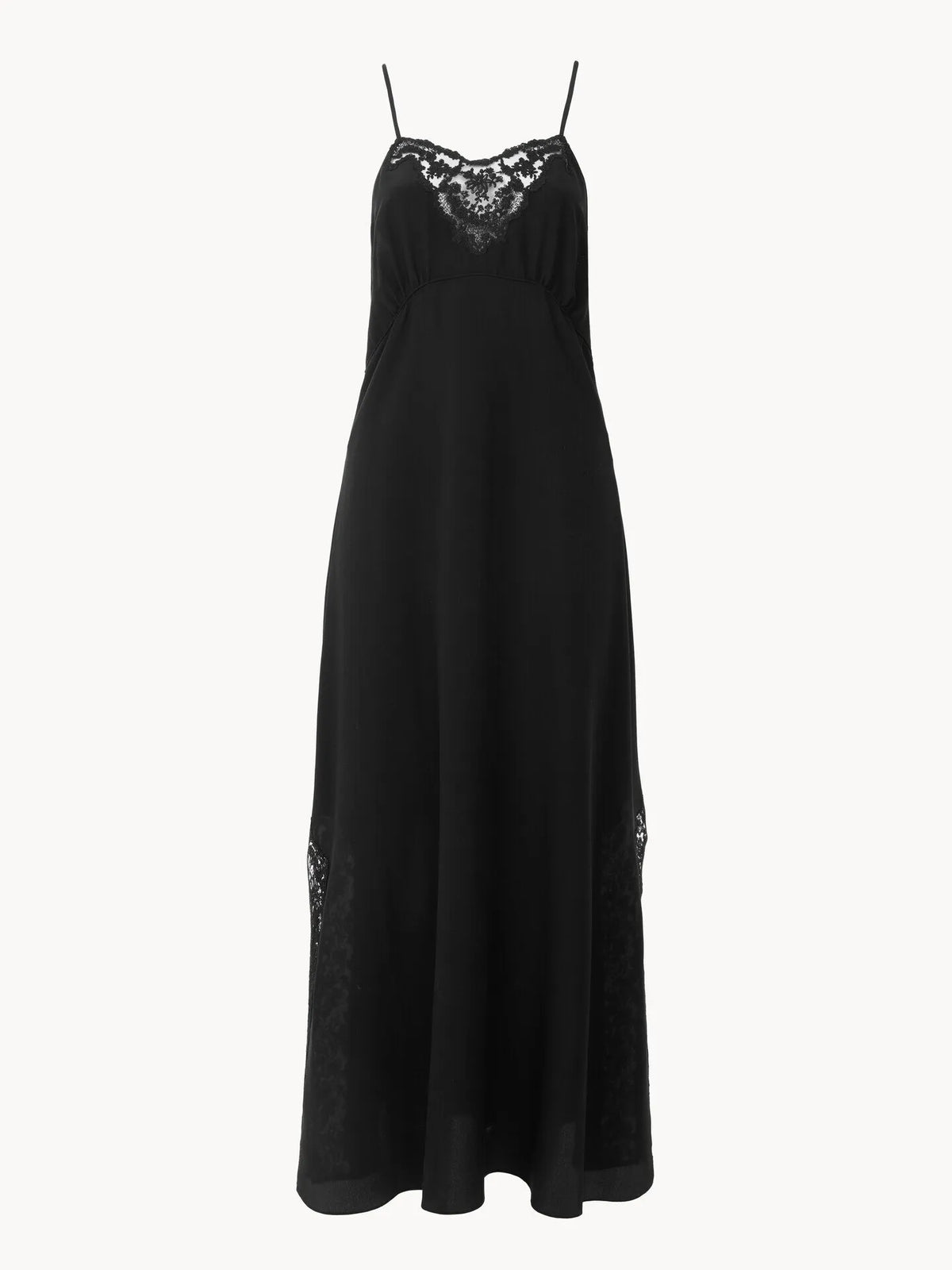 Long lingerie dress in crêpe de chine & lace