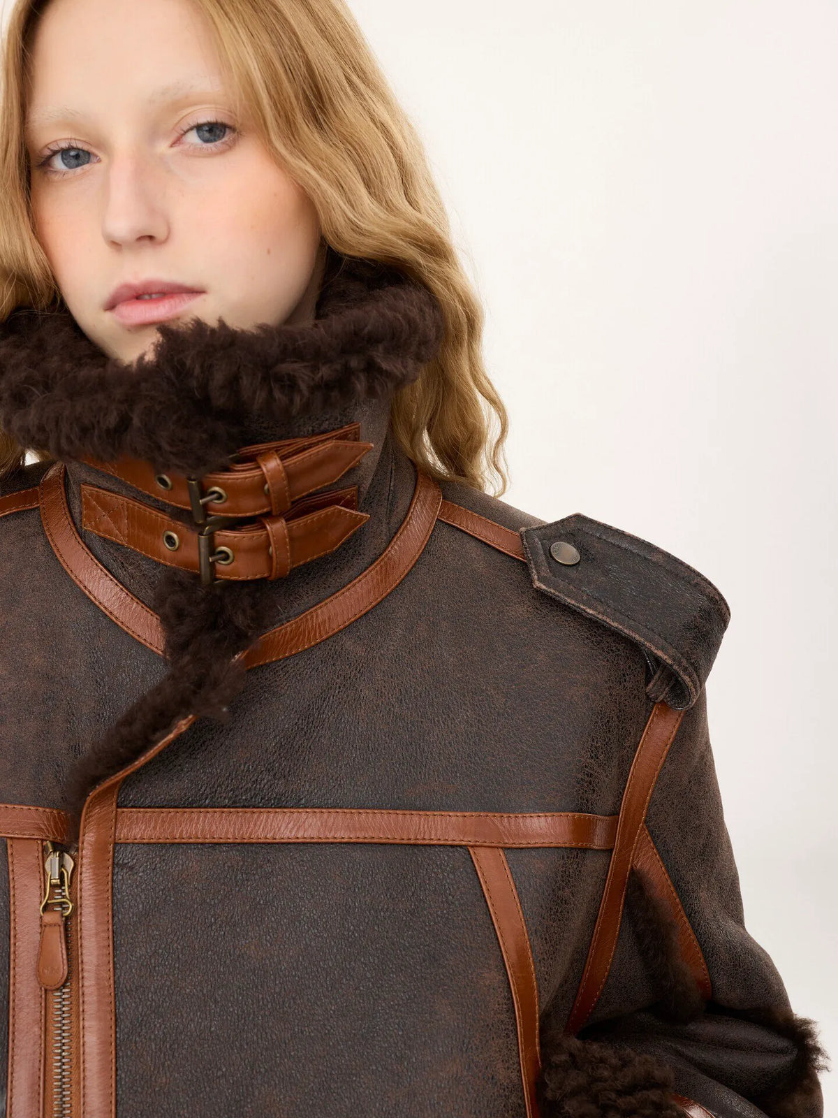 High-neck jacket in shearling